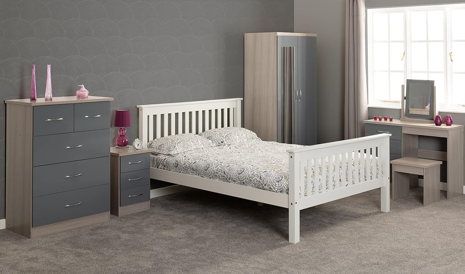 2 Door Mirrored Wardrobe with Drawer – Grey Gloss Oak Bedroom Storage