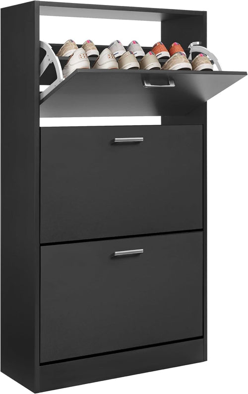 Black 3 Drawer Shoe Storage Cabinet with Top Shelf, Slim Modern Hallway Unit