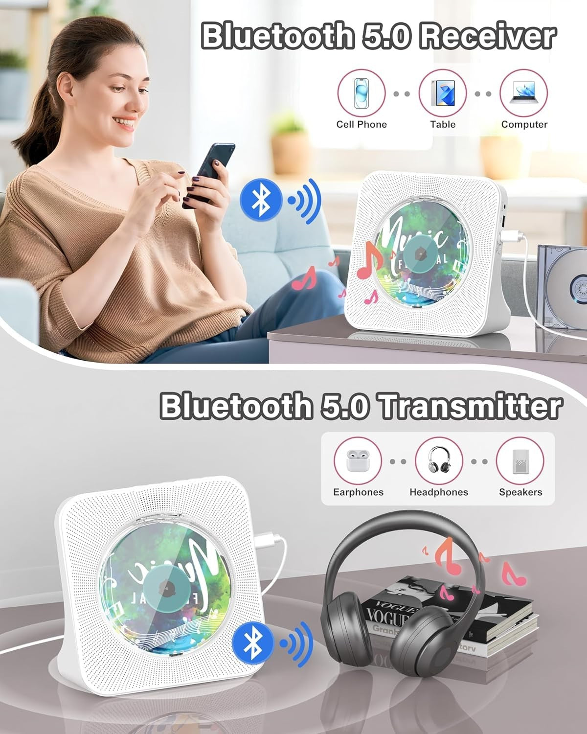 Bluetooth CD Player w Speakers FM Radio LCD Remote USB AUX White
