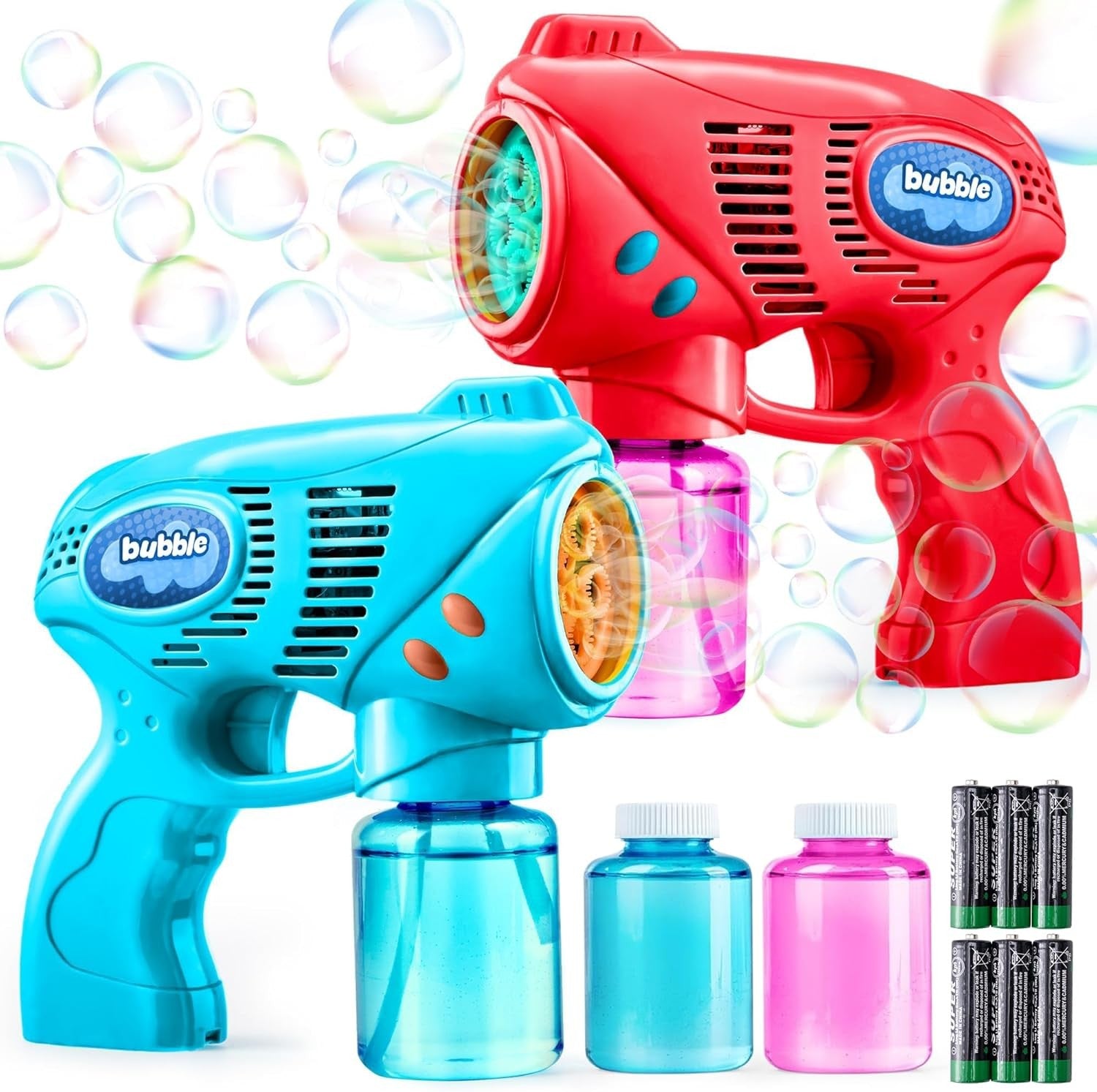 2 Pack Bubble Guns Kids Toy Set Red Blue with Solution