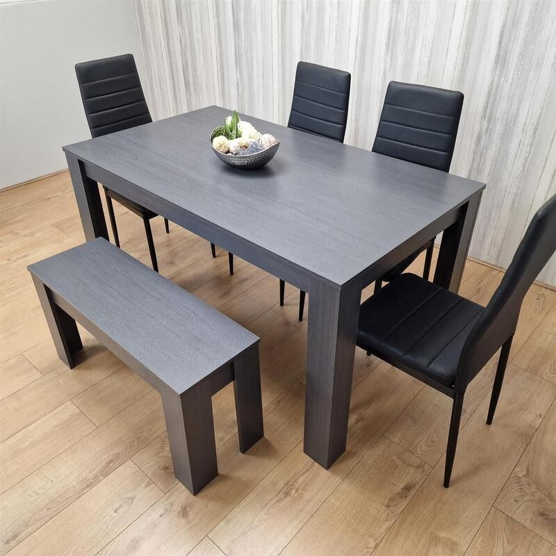 6 Seater Dark Grey Dining Table Set with 4 Chairs & Bench Faux Leather