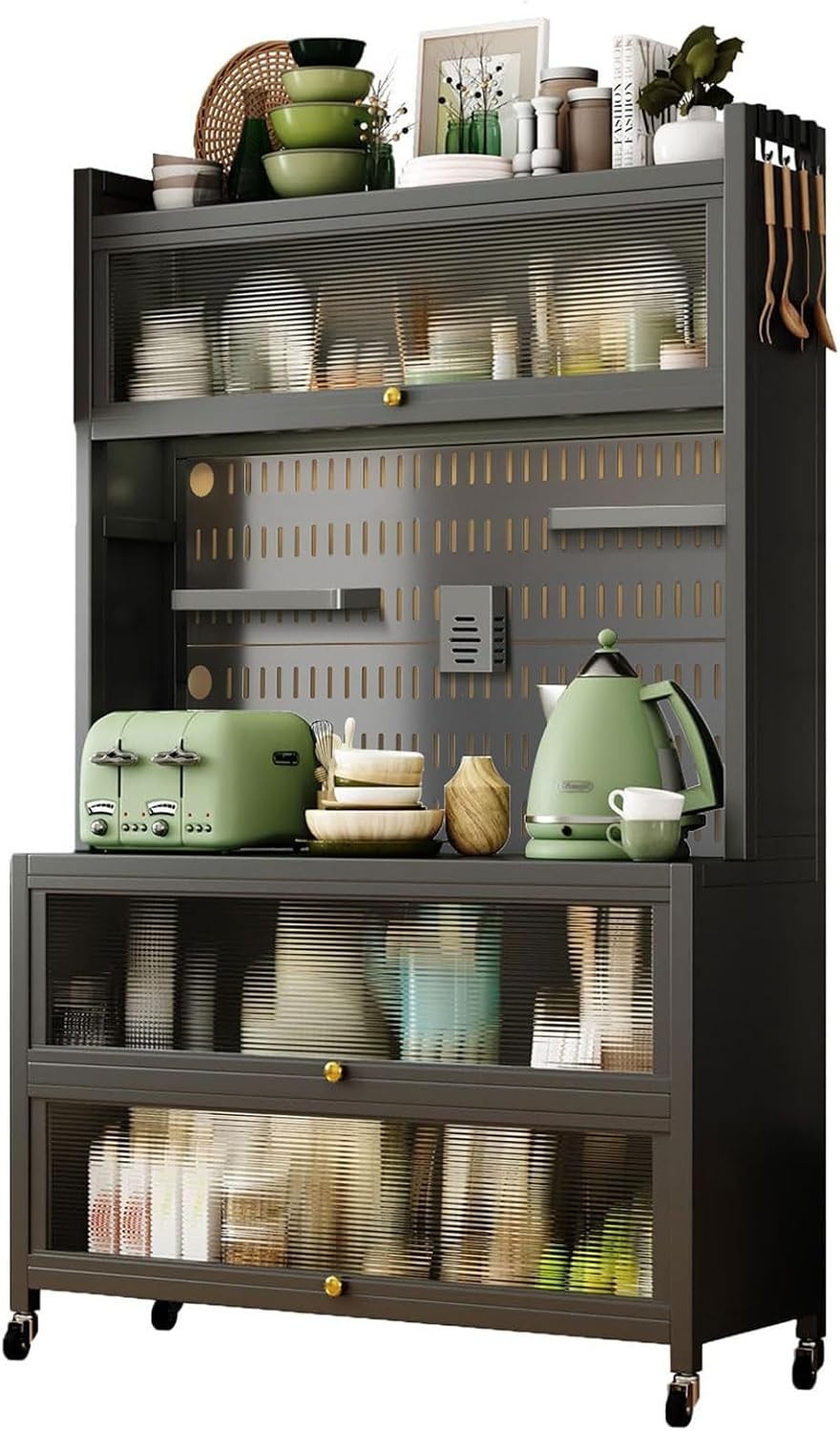 100x42x155cm 5-Tier Black Kitchen Storage Cabinet with Flip Door & Wheels