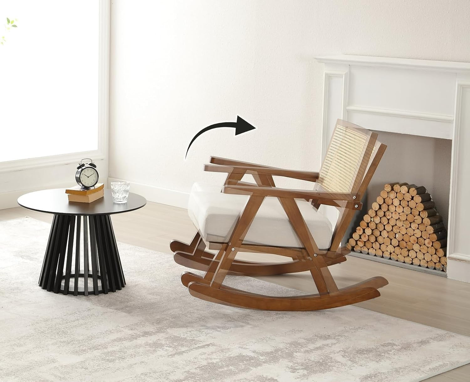 Comfortable Upholstered Rocking Chair with Rattan Back & Solid Wood Legs
