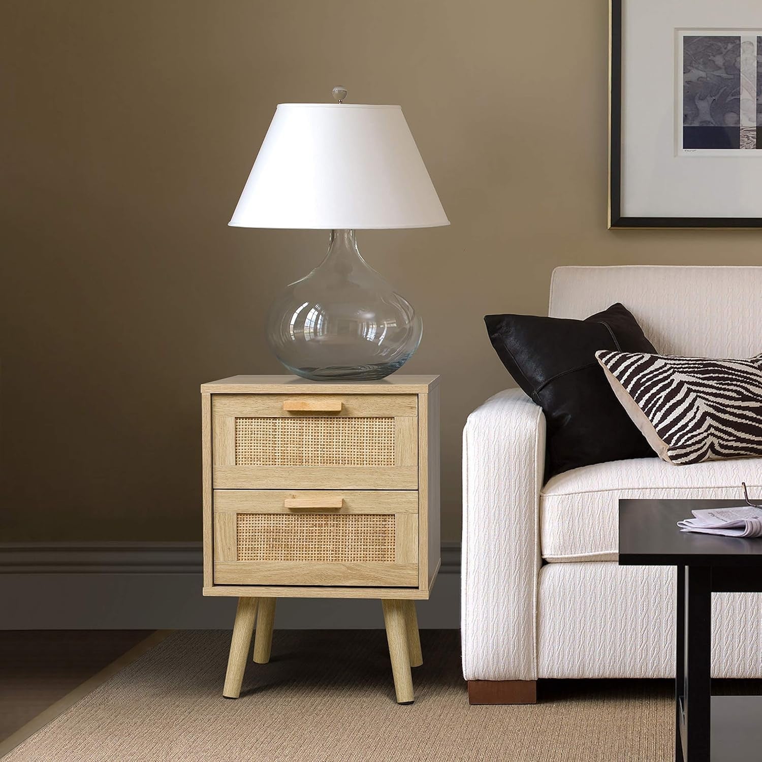 Set of 2 Rattan Bedside Tables with Drawers – Natural Wooden Nightstands