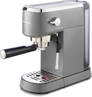 Compact Espresso Machine 15 Bar Pump, Dual Cup, Milk Frother, 1L Tank, Grey