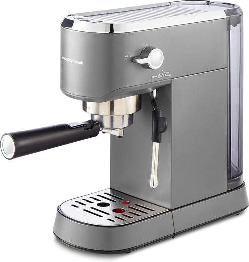 Compact Espresso Machine 15 Bar Pump, Dual Cup, Milk Frother, 1L Tank, Grey