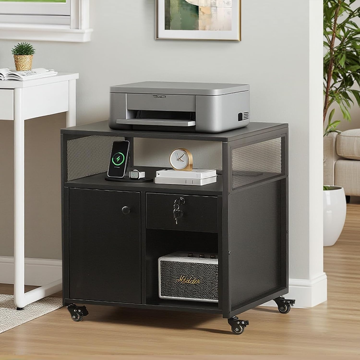 Black Mobile File Cabinet w/ Charging Station Lockable Drawer Printer Stand