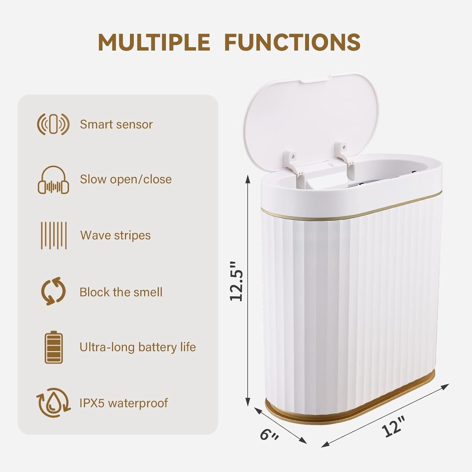 2.5 Gallon Touchless Bathroom Bin Motion Sensor White Gold