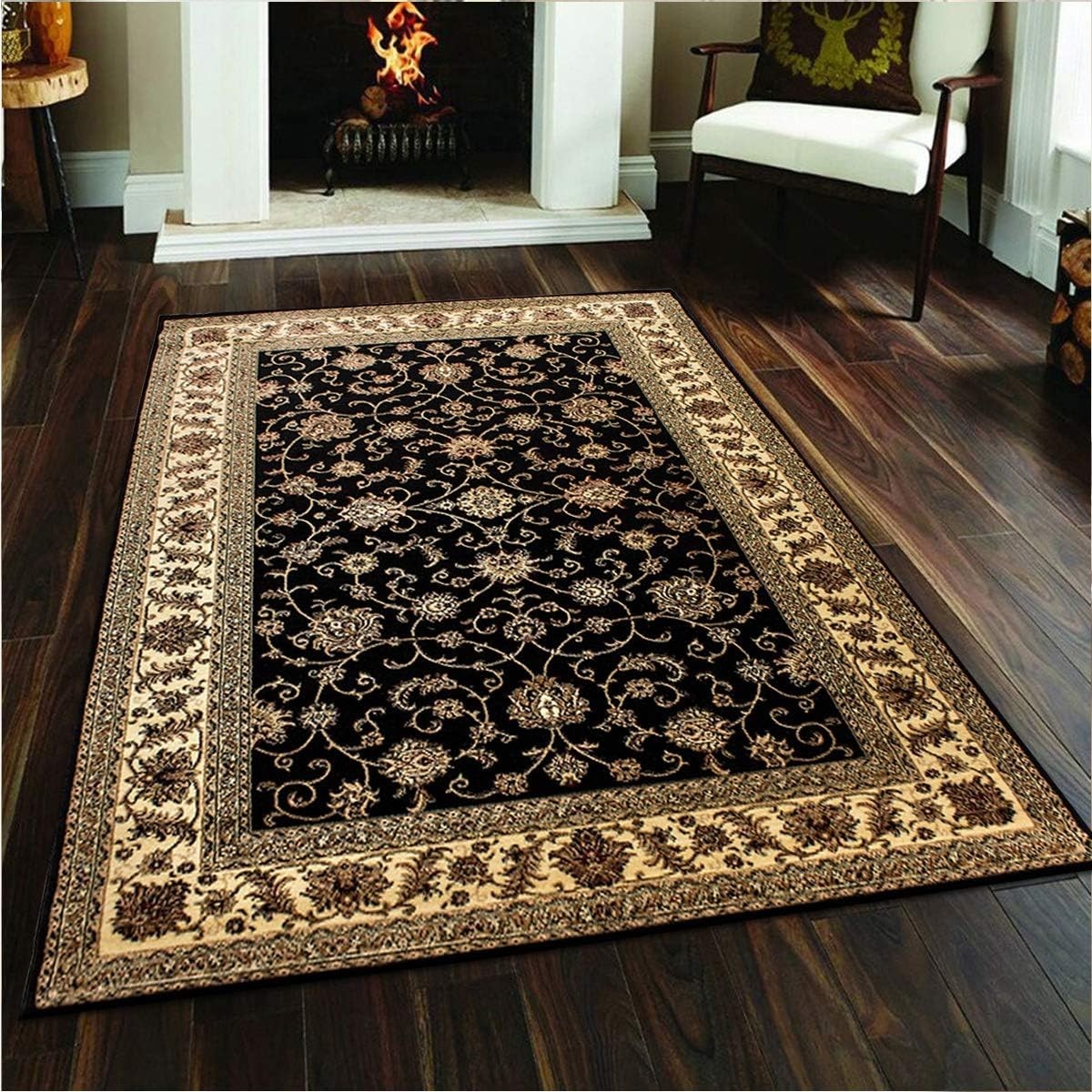 Black Floral Oriental Area Rug 120x170cm Soft Low Pile Luxury Room Carpet