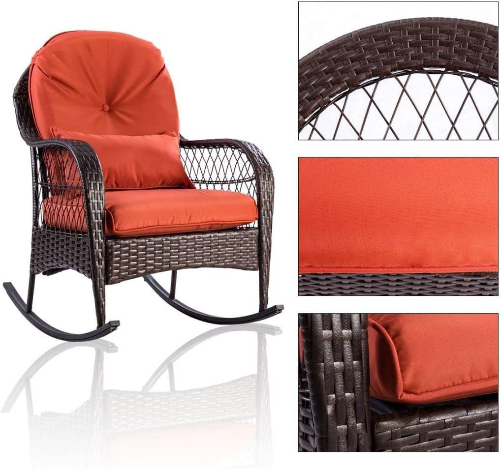 Red Rattan Rocking Chair Cushioned Patio Garden Porch Outdoor Relax Armchair