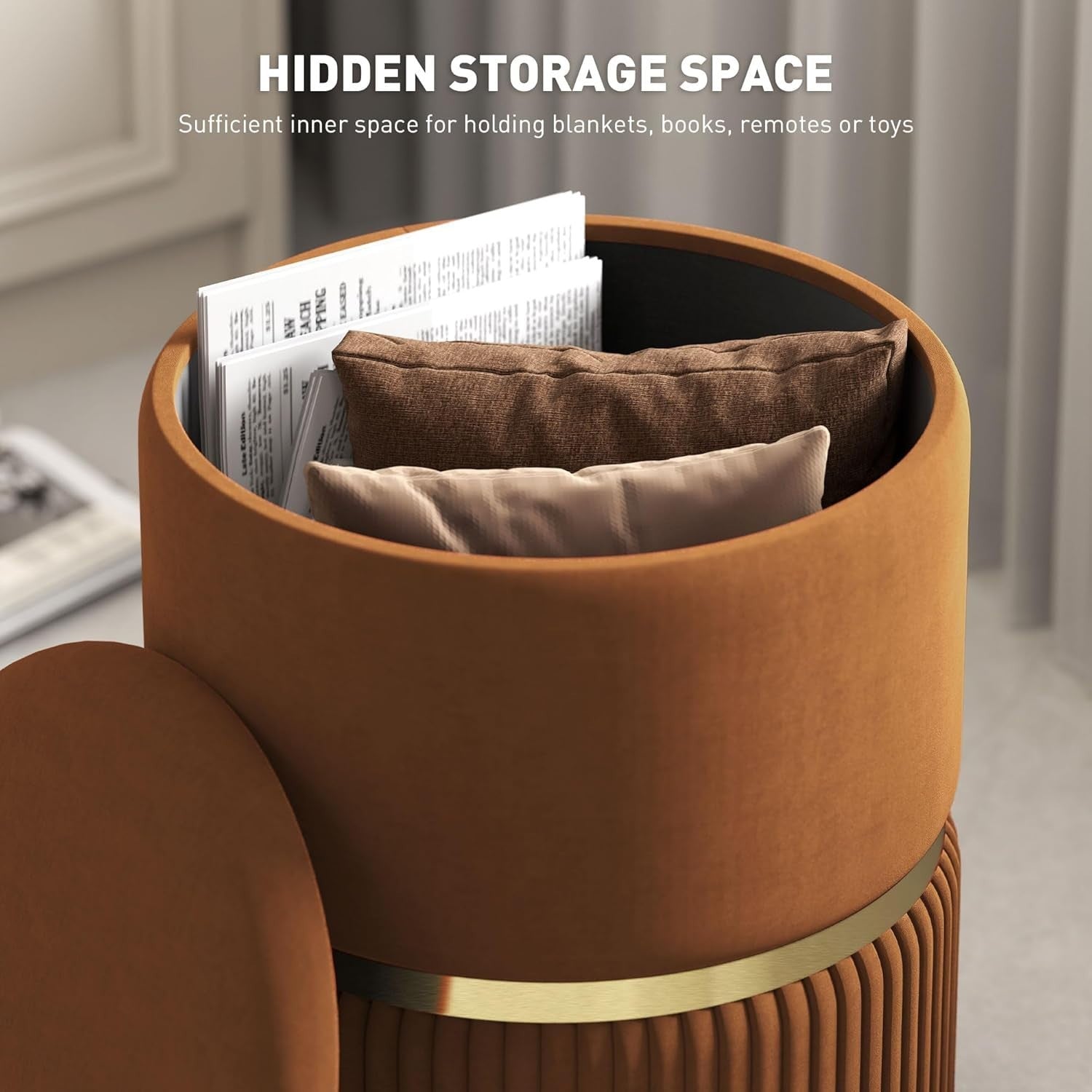 Light Brown Velvet Storage Stool Round Ottoman Padded Seat Vanity Footrest