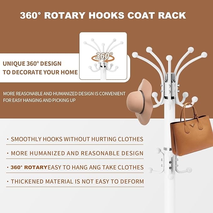 White 360° Rotating Metal Coat Rack Marble Base 16 Hooks Hall Tree Organizer