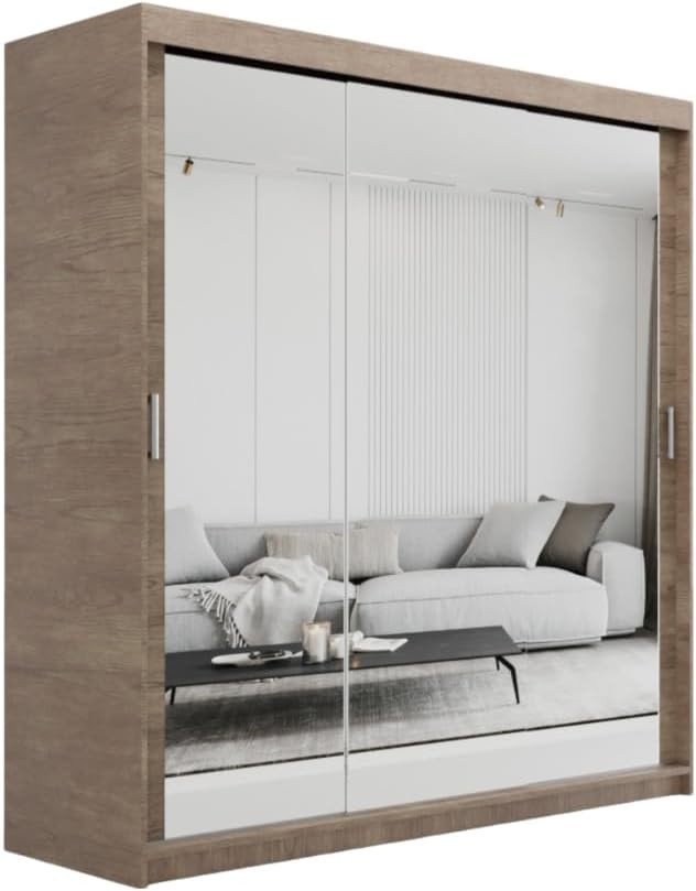 Sonoma Oak Sliding Mirror Wardrobe 200cm 4 Drawers Modern Storage