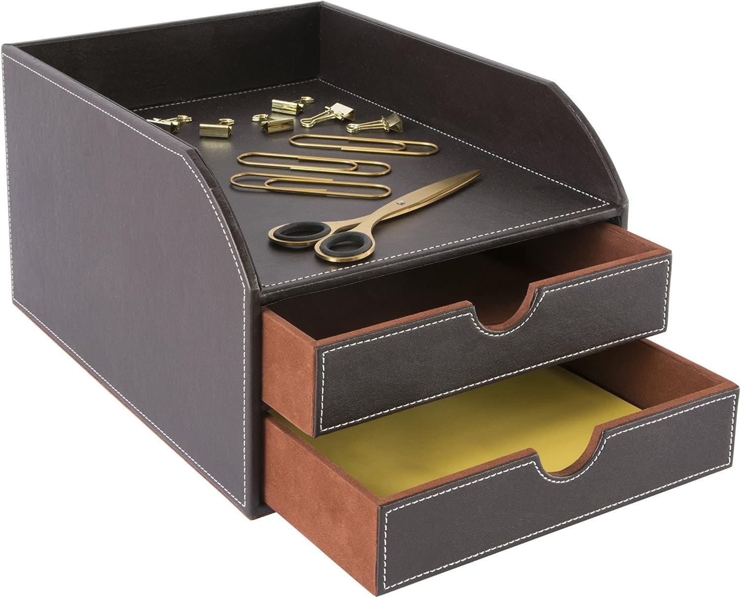 Faux Leather 2-Tier Desk Paper Sorter A4 Document File Organiser