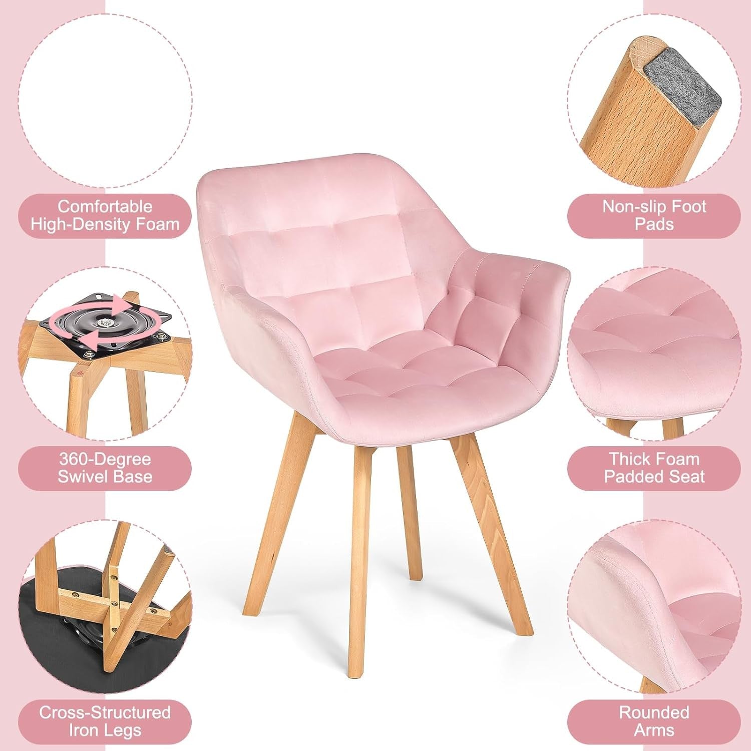 Pink Velvet Swivel Tub Chair Accent Armchair Wood Legs
