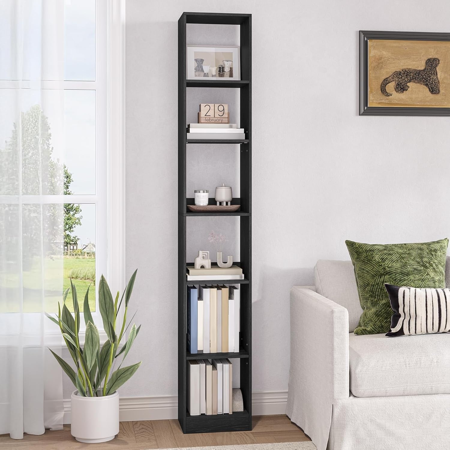 Modern 6-Tier Black Wooden Bookshelf, Adjustable Shelves, 24x30x184 cm