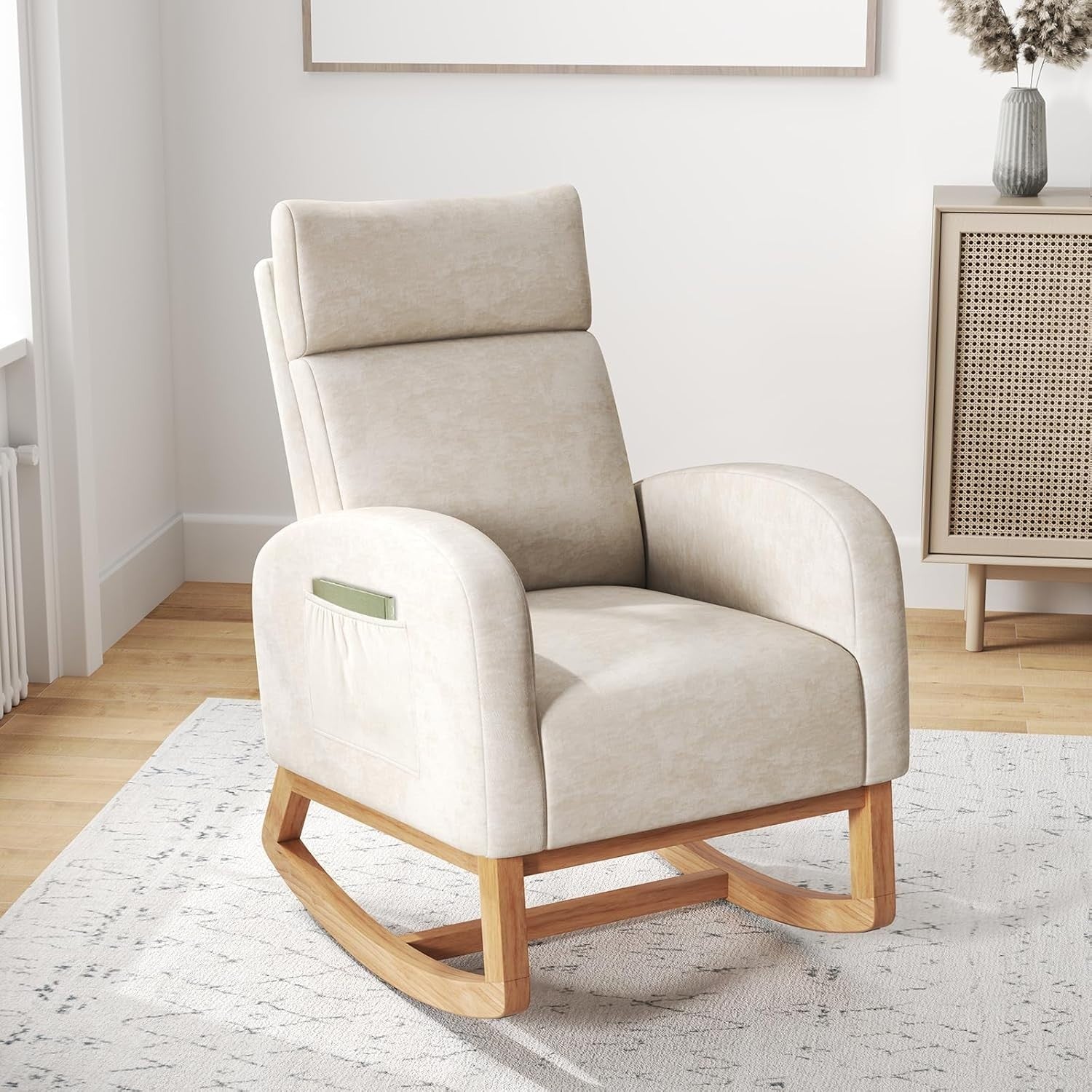 Modern Rocking Armchair w/ Soft Chenille, Side Pocket, Wood Base, 92cm