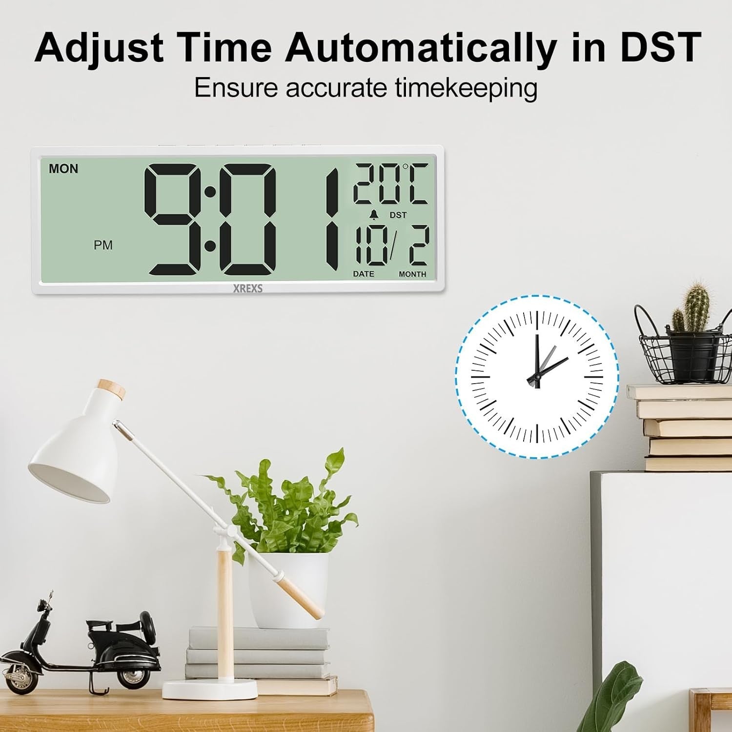 Large Digital Wall Clock 14.5" Jumbo Display Auto DST Temp Date Alarm Modern