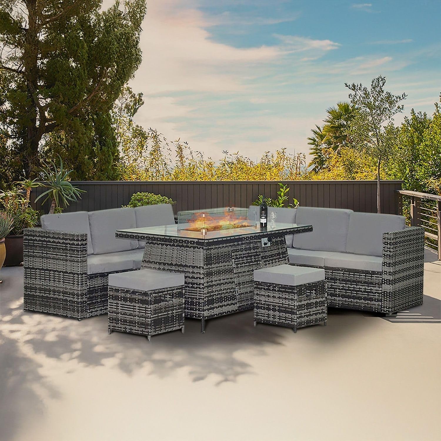 8 Seat Rattan Garden Sofa Set w/ Fire Pit Table, Cushions, Stools, Grey
