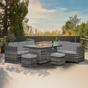 8 Seat Rattan Garden Sofa Set w/ Fire Pit Table, Cushions, Stools, Grey