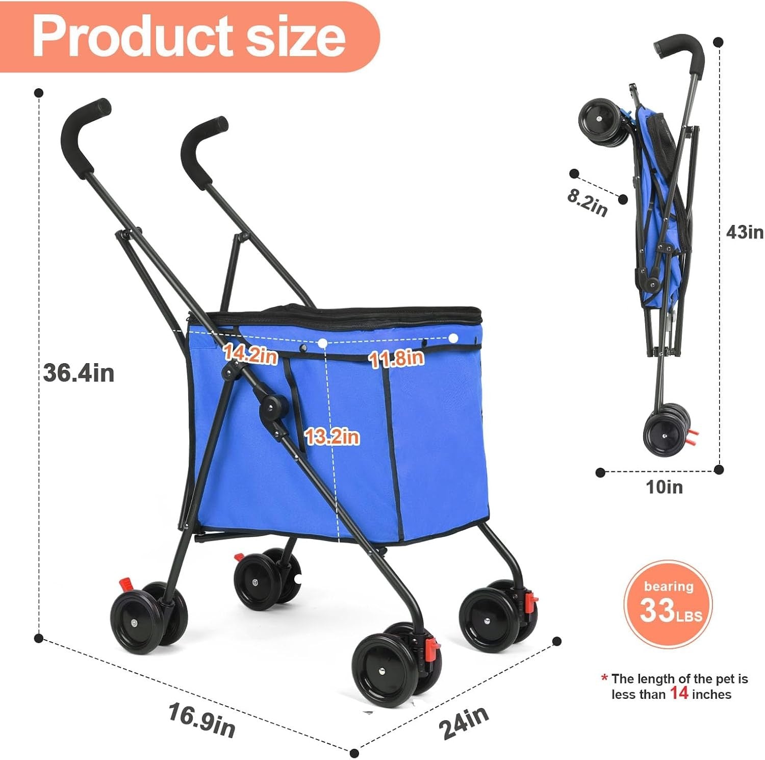 Blue Foldable Pet Shopping Cart Stroller 60lb Heavy Duty Utility Wagon