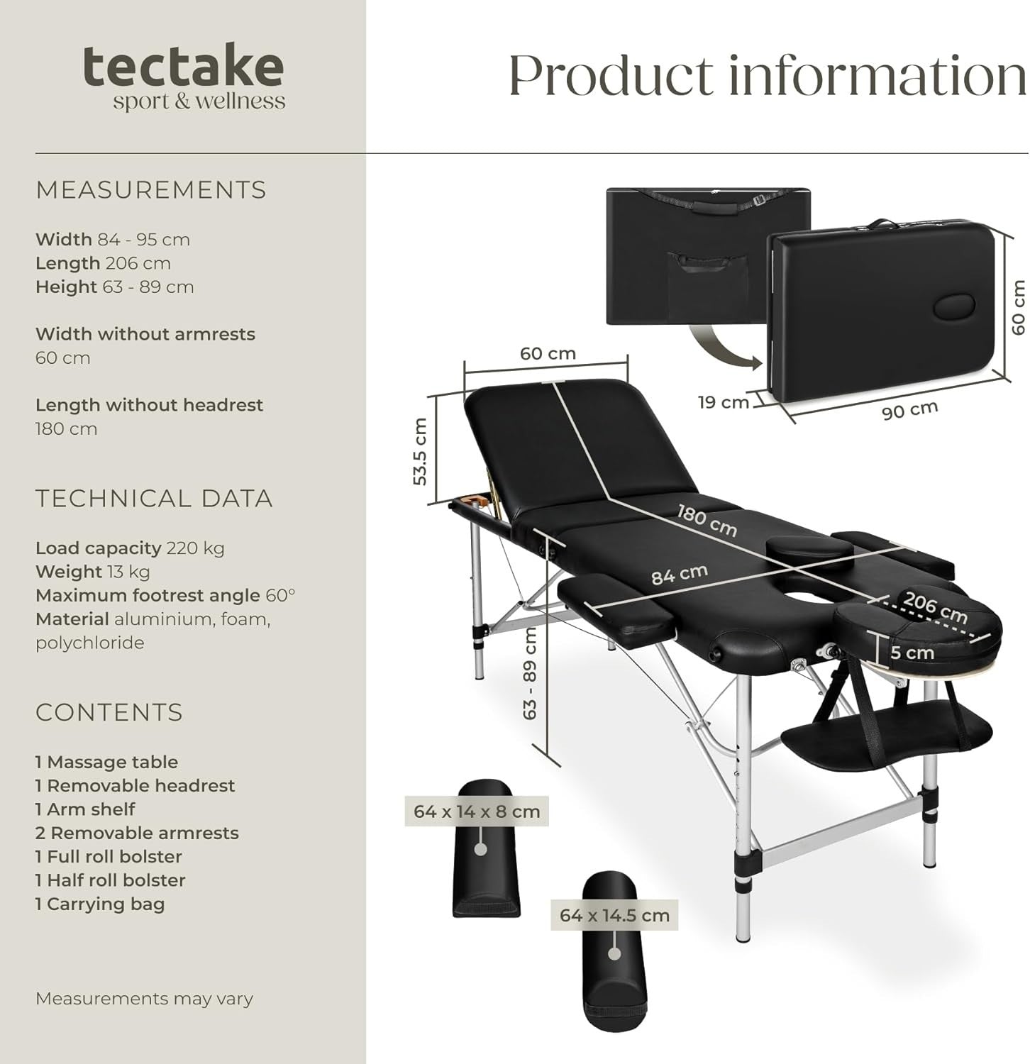 Portable Massage Table Foldable Height Adjustable Aluminium Bed + Bag Black