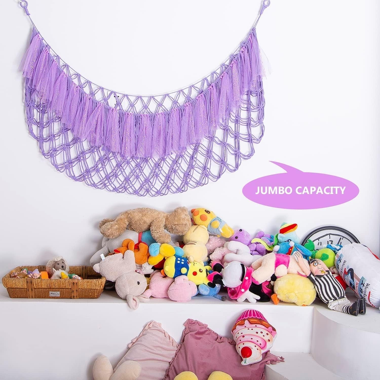 Purple Macrame Toy Hammock with LED Lights – Plush Animal Storage Net