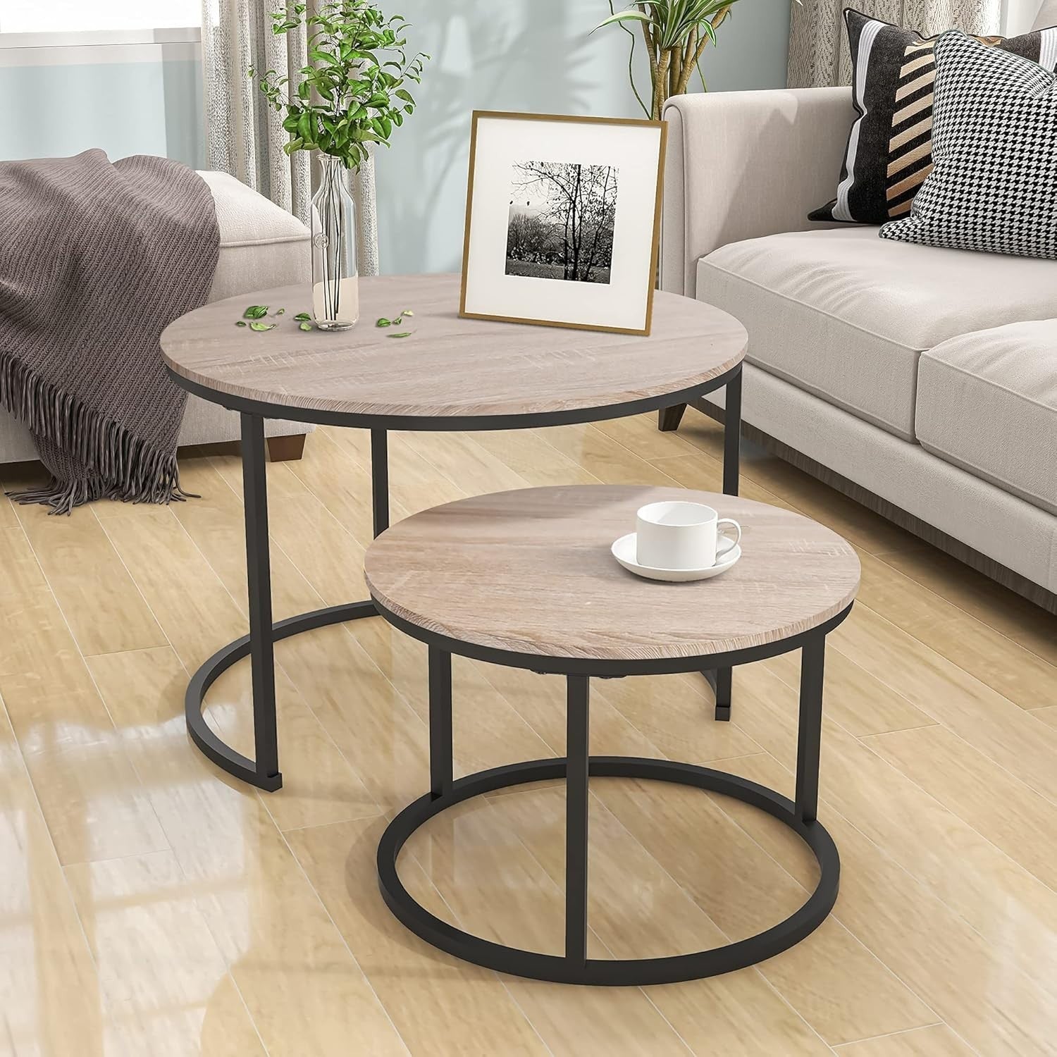 Set of 2 Round Coffee Table Side End Tables Modern Nesting Storage Accent Black-
