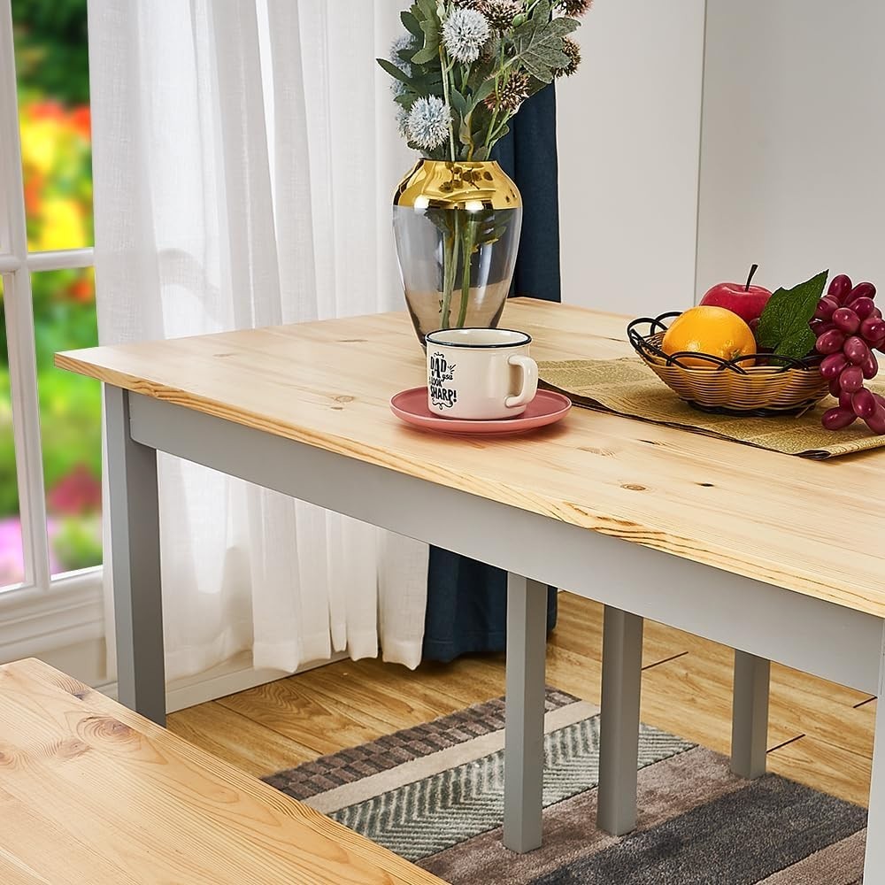Solid Pine Dining Table & 2 Benches Set | Durable Kitchen Furniture Grey