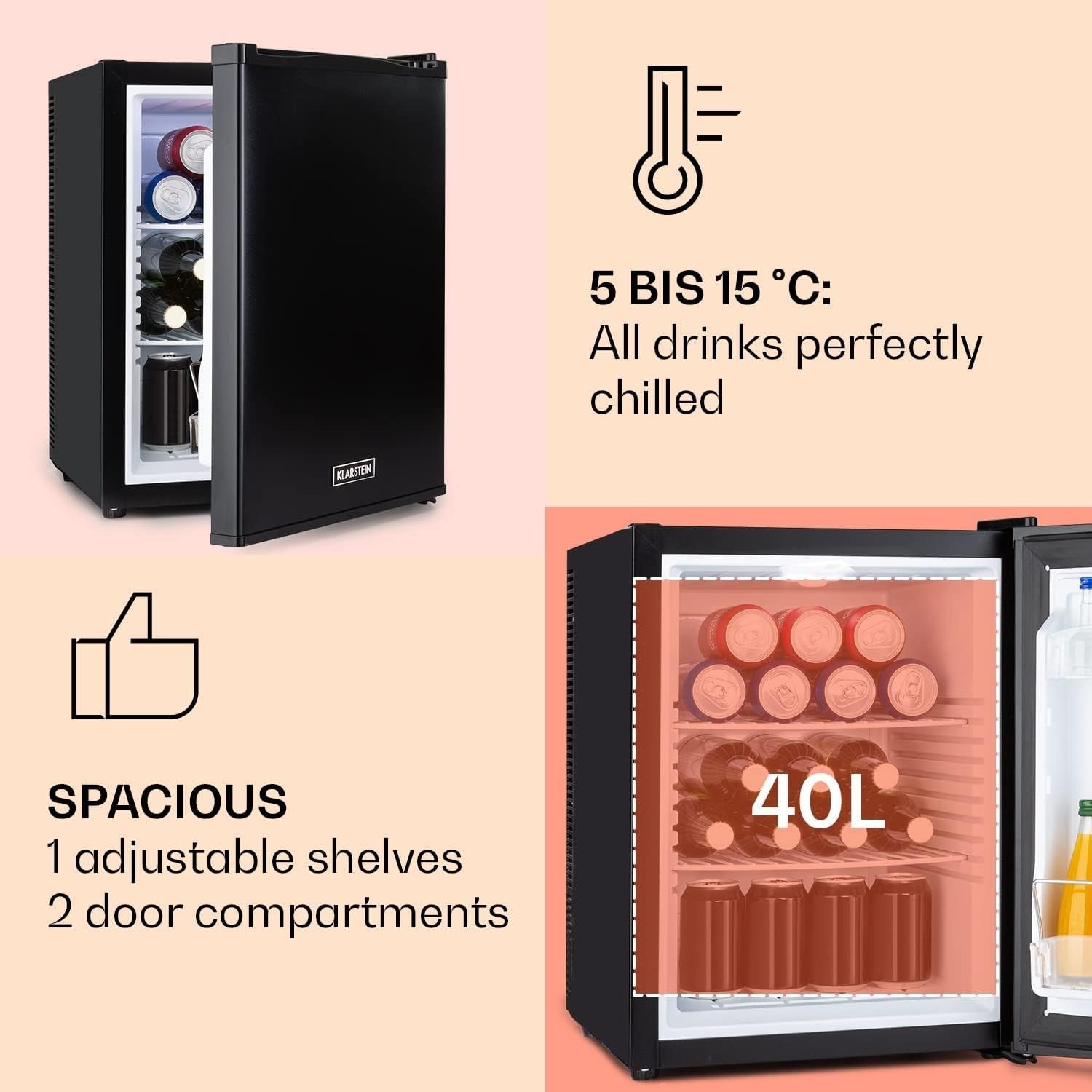 40L Mini Fridge Black Portable Cooler and Drinks Fridge Adjustable Shelves