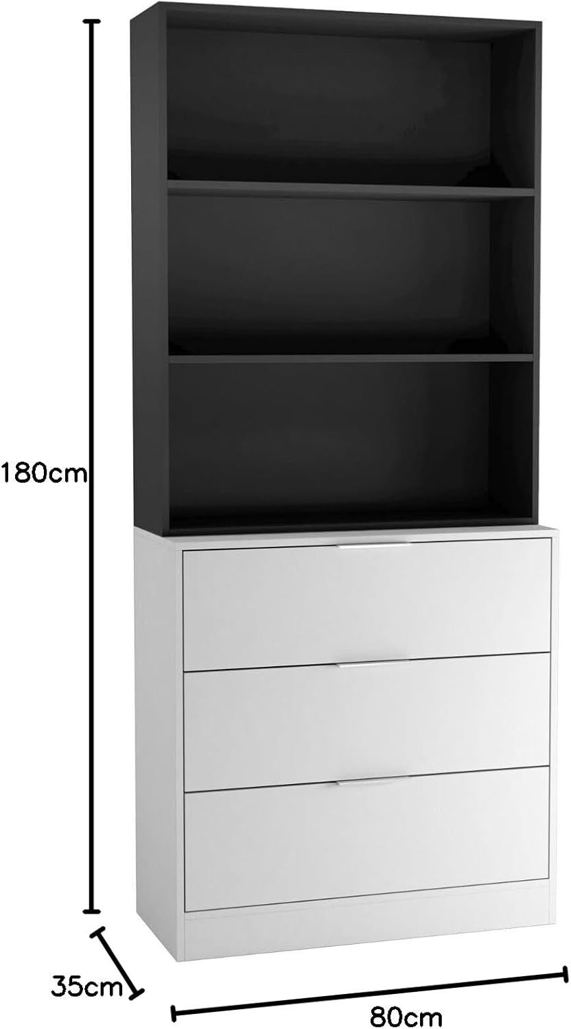 White & Black 80cm 3 Drawer Wooden Storage Chest Cabinet & Bookcase