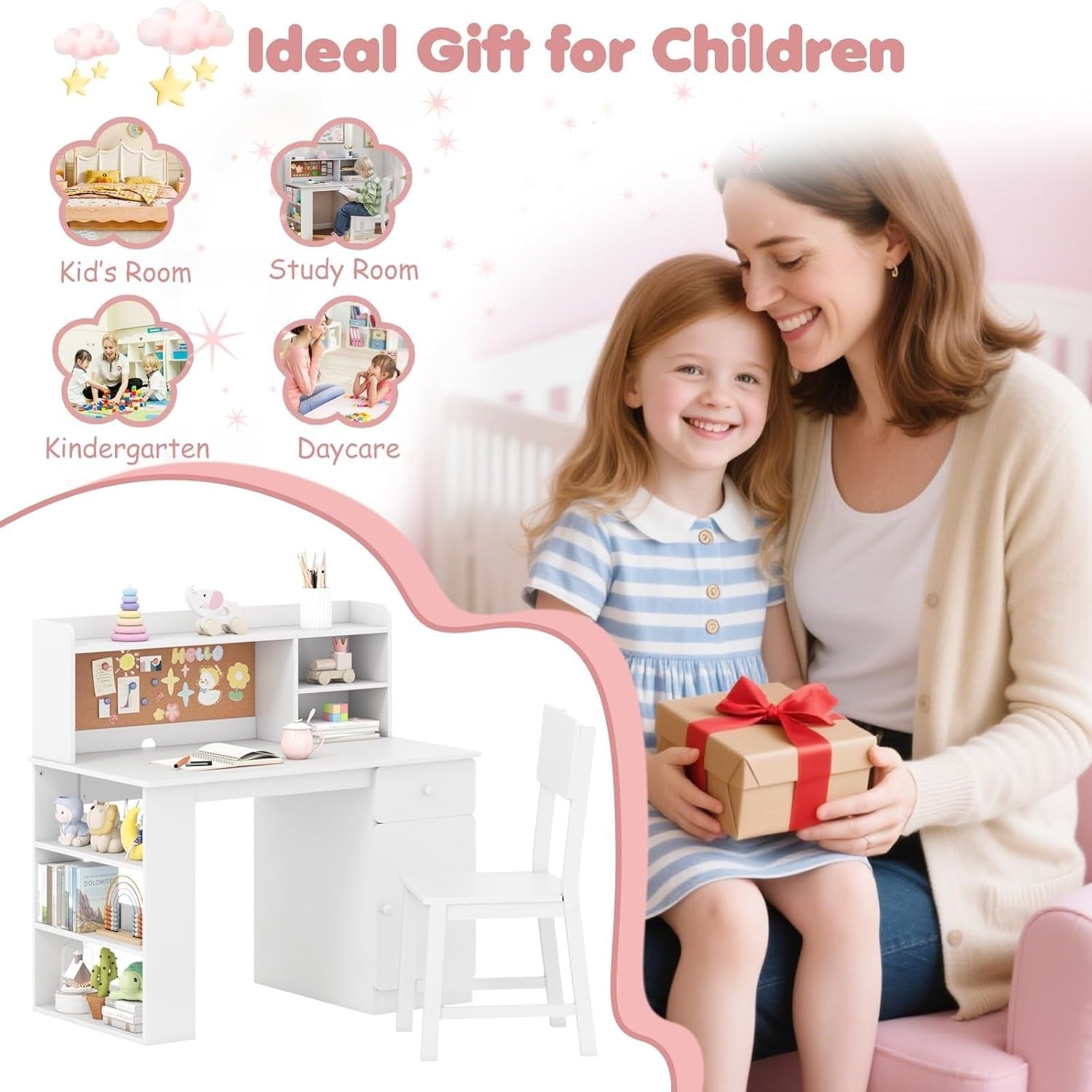 Kids Study Desk and Chair Set Wooden Writing Table Storage Shelves Drawer White
