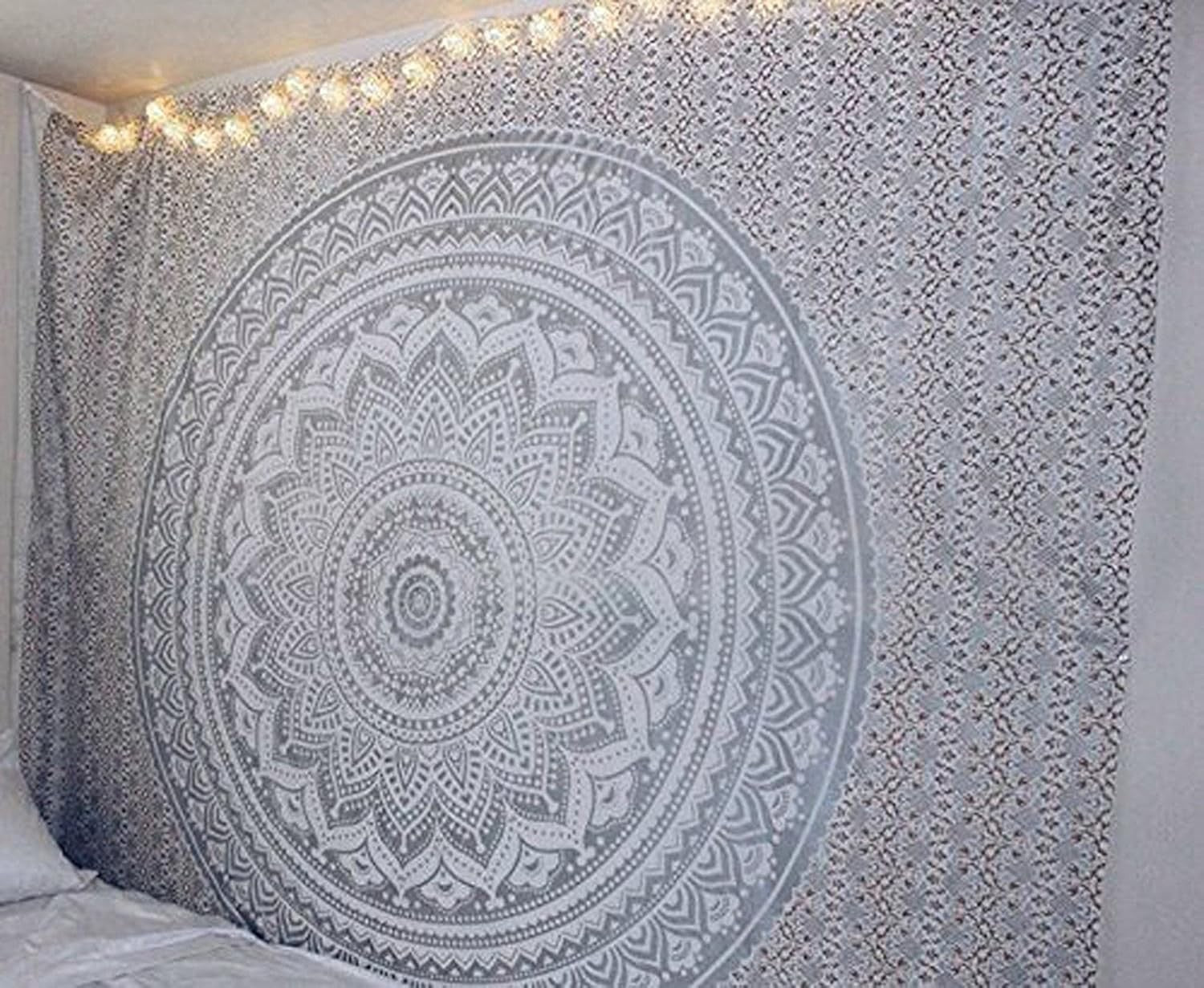 Boho White Silver Ombre Mandala Tapestry 52x82" Cotton Decor