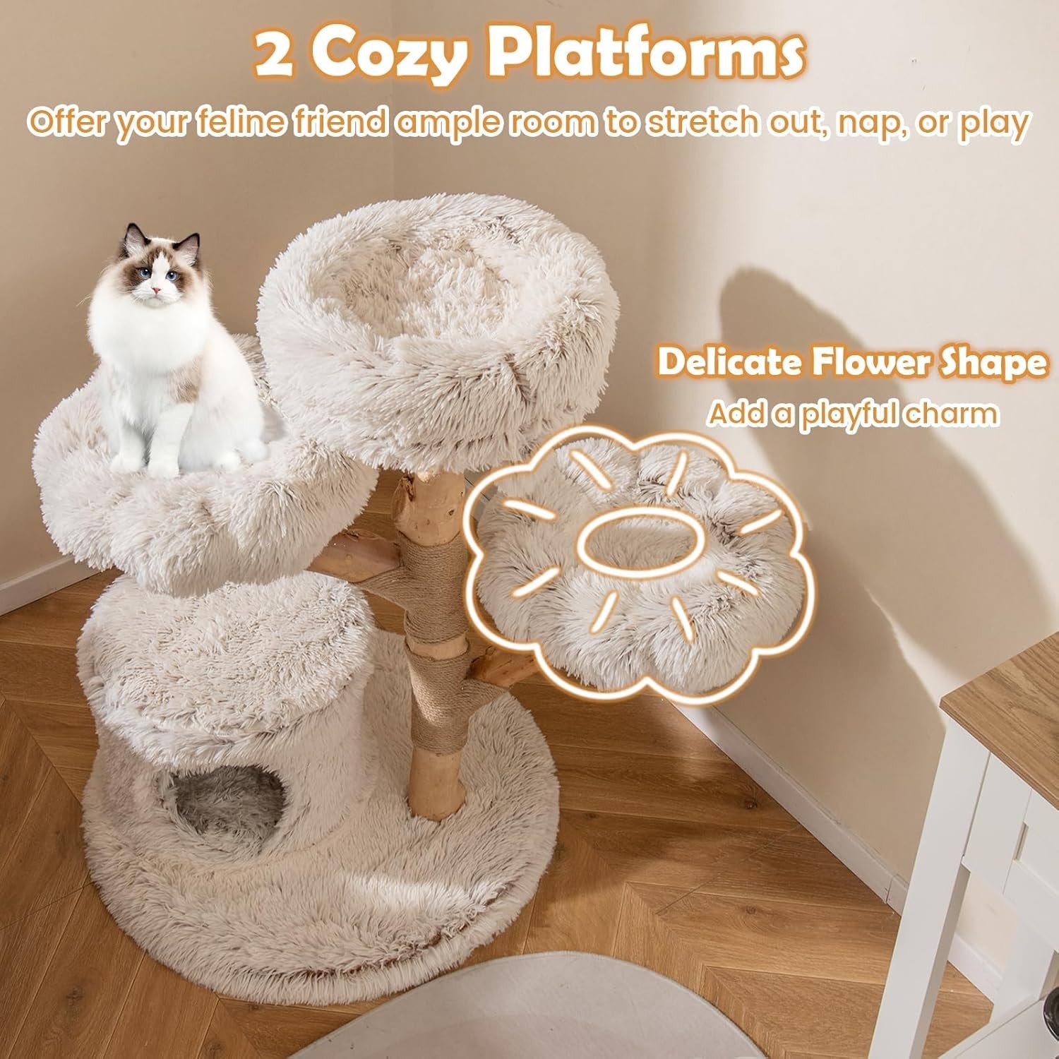 102cm Wooden Cat Tree White Multi Level Tower with Plush Perches & Jute Scratch