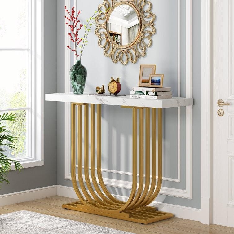 Modern Faux Marble Console Table with Gold Base – 39" Entryway Accent