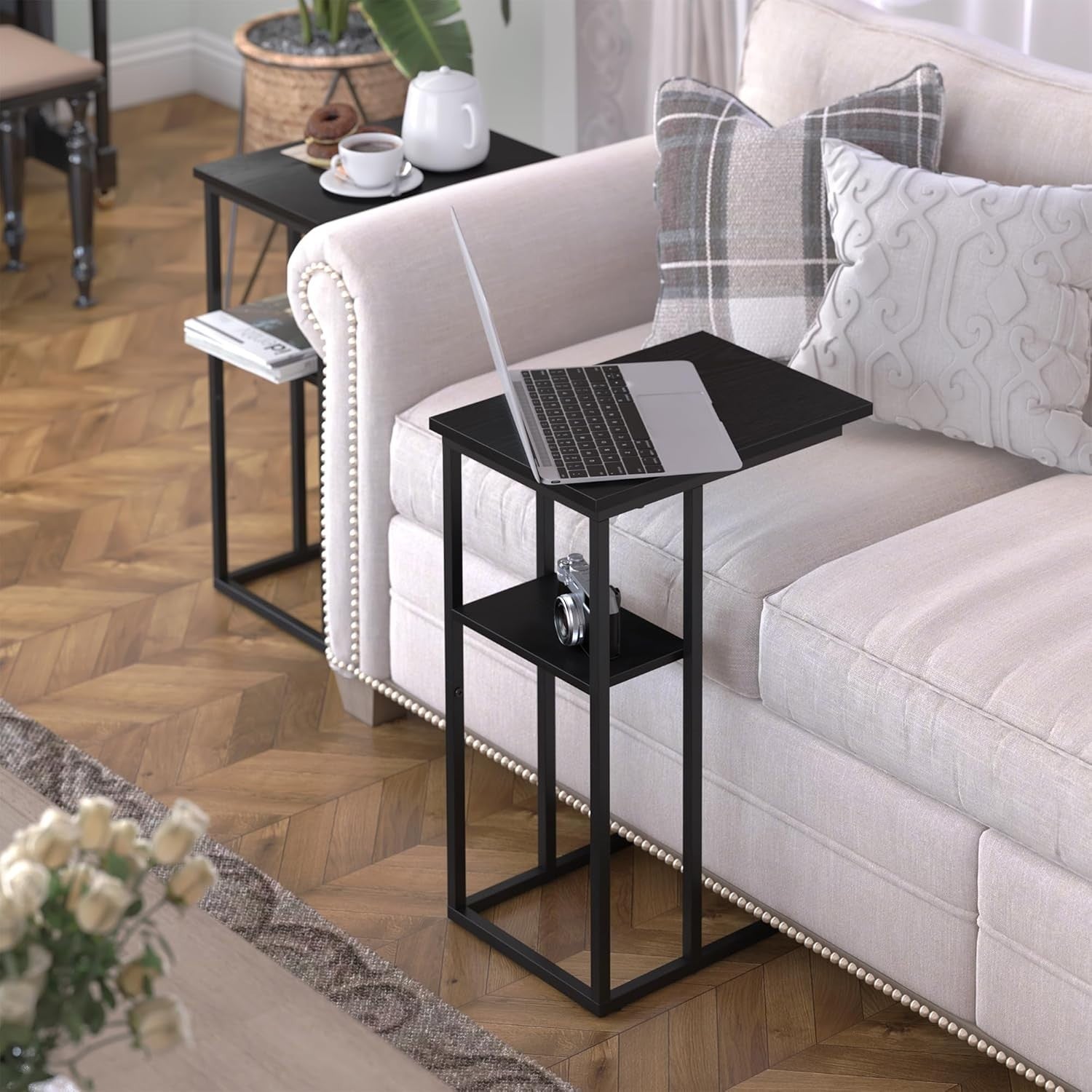 C-Shaped Narrow Side Table with Storage, Slide-Under Sofa Couch Bed