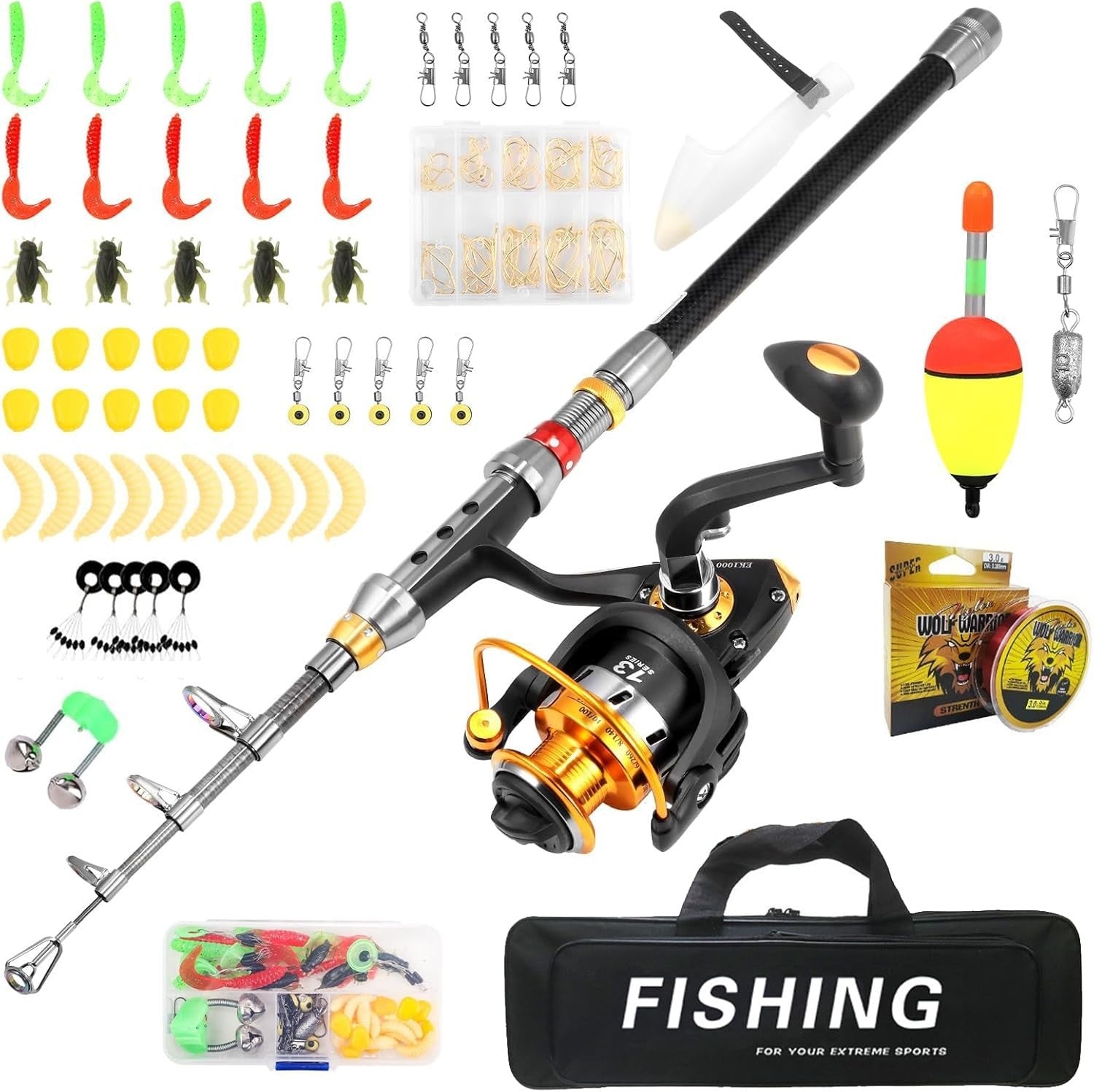 Telescopic 1.8m Carbon Fiber Fishing Rod Reel Combo Kit with Line Lures Bag