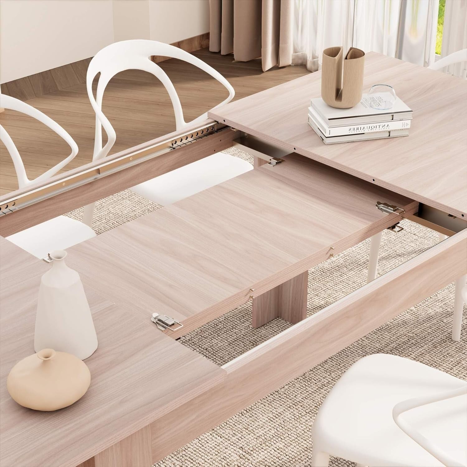 Extendable Dining Table Pearled Elm 220cm Wood 6–8 Seater Modern Space Saver