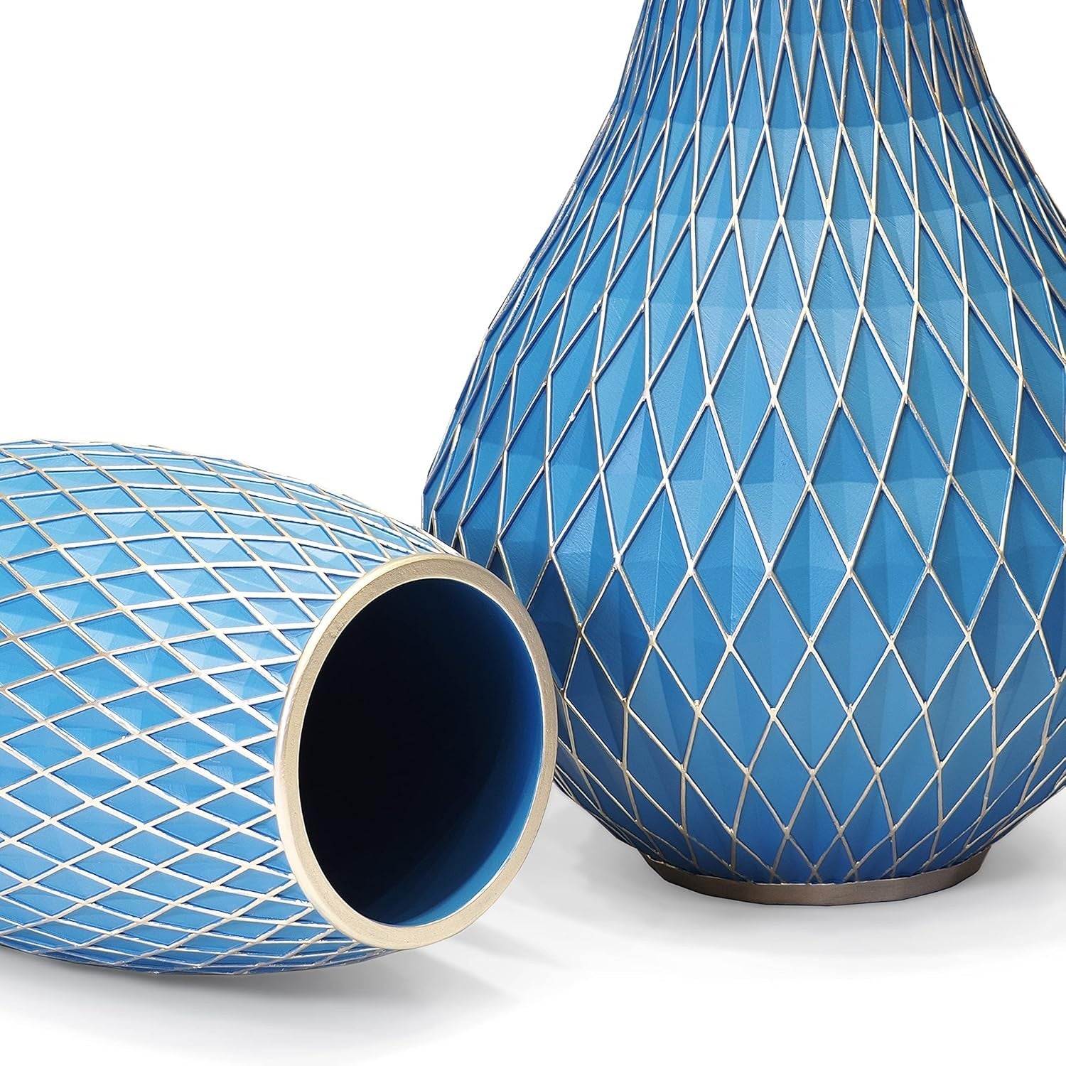 Large Blue Gold Decorative Floor Vase 28.5cm Modern Diamond Pattern Décor