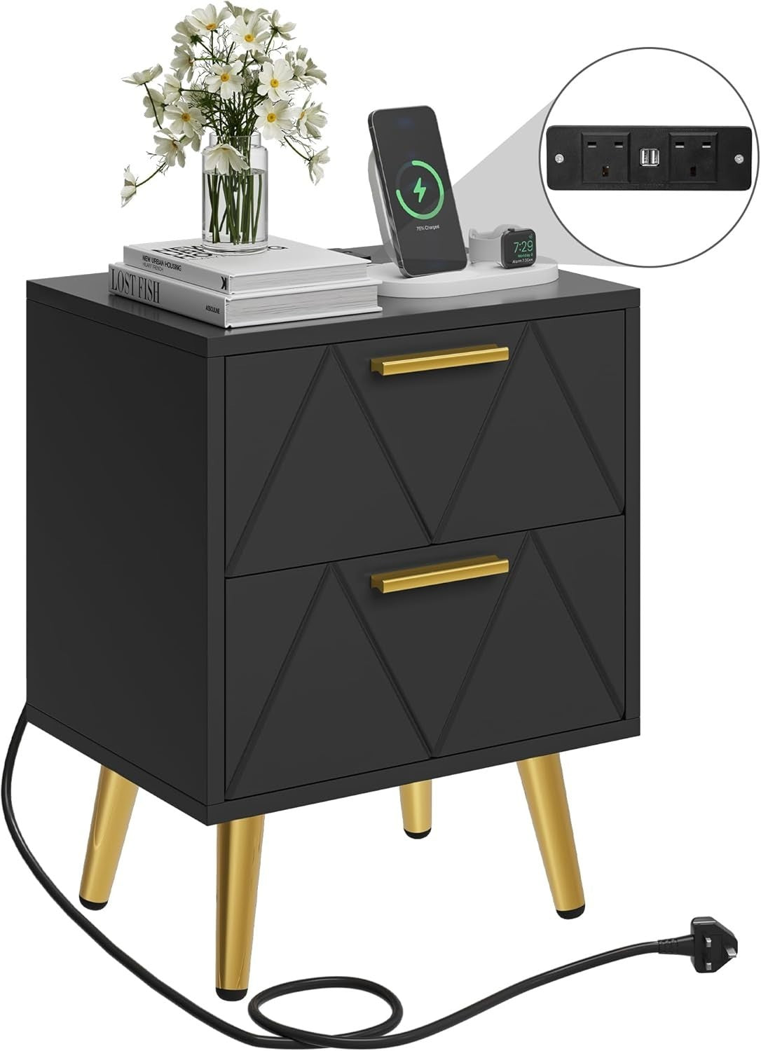 Black & Gold 2 Drawer Bedside Table – Modern Nightstand with USB Ports