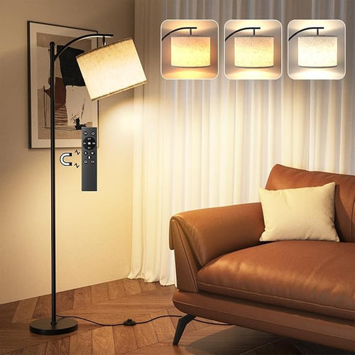 Arc Floor Lamp Dimmable Remote Control Modern Standing Light Beige Shade