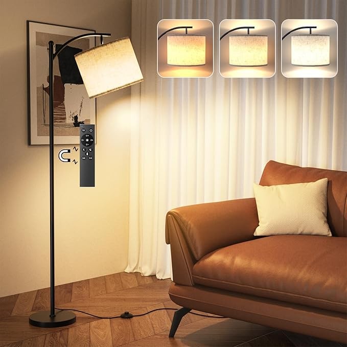 Arc Floor Lamp Dimmable Remote Control Modern Standing Light Beige Shade