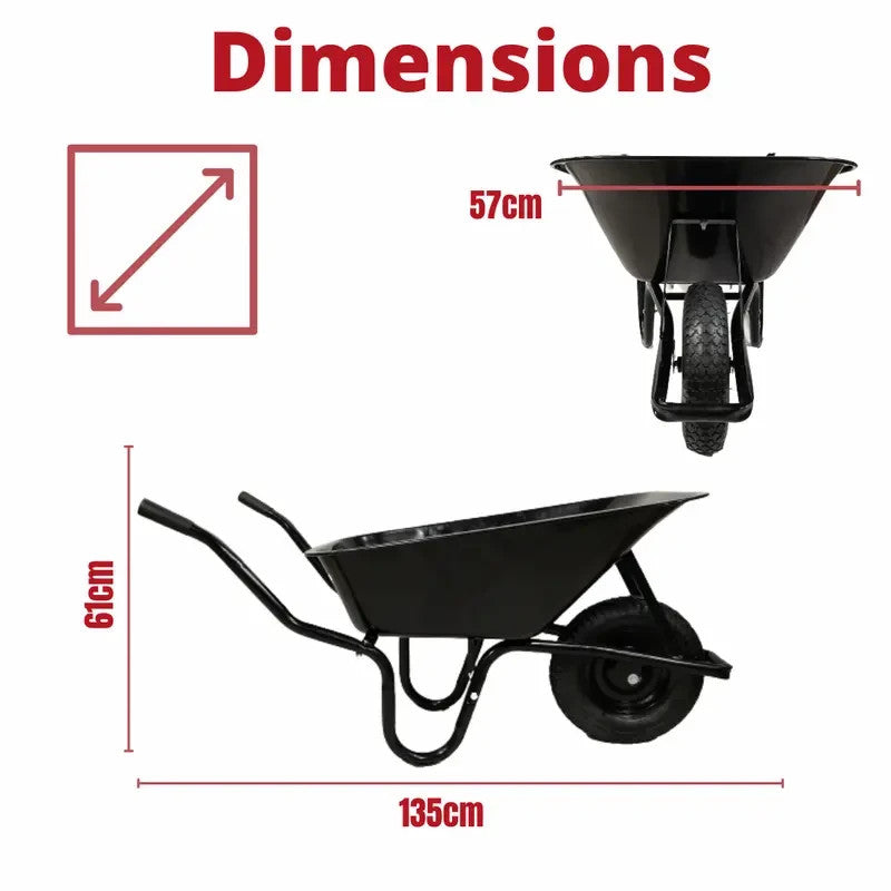 90L Black Metal Wheelbarrow 150kg | Heavy Duty Pneumatic Tyre Trolley