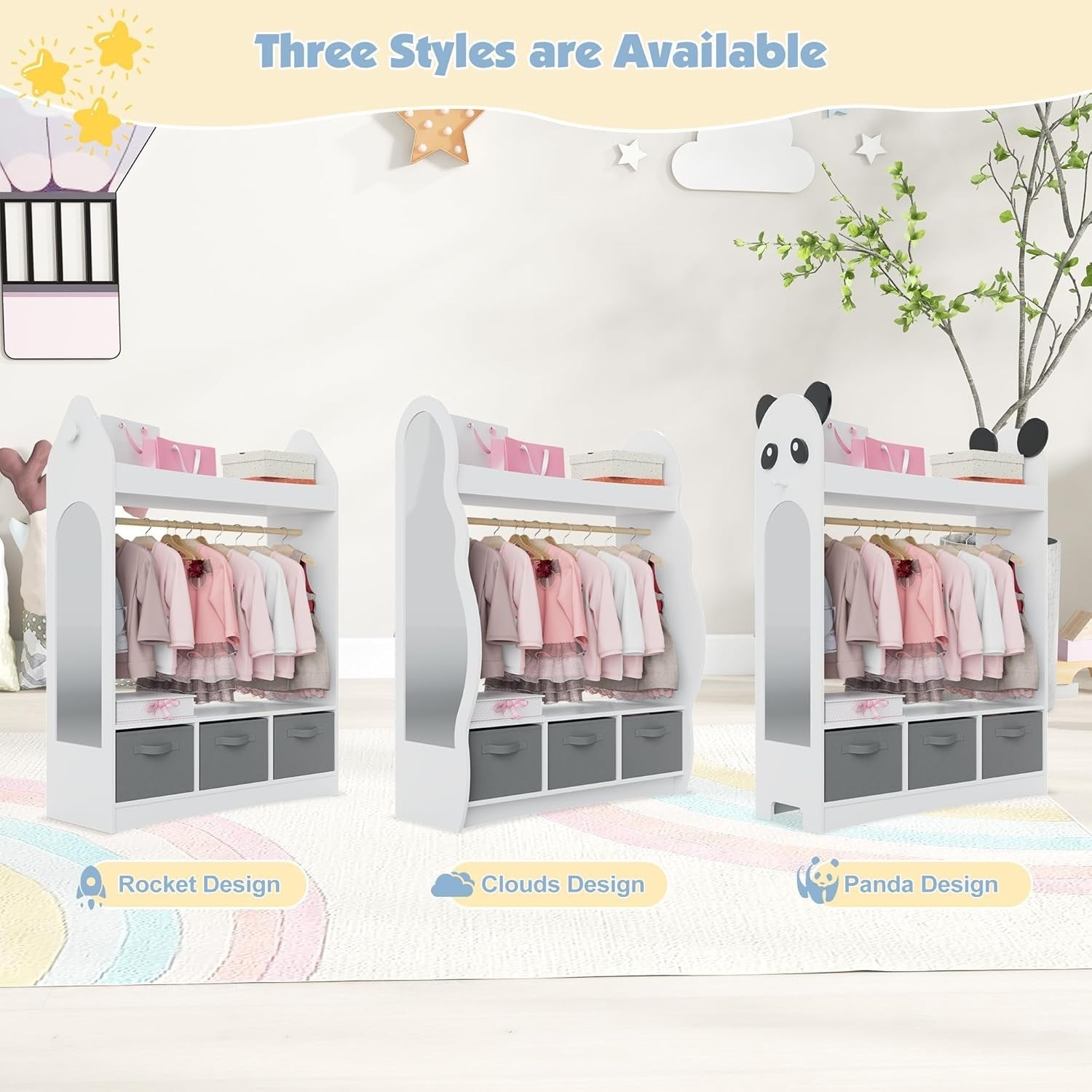 Kids Dress Up Wardrobe with Mirror, Hanging Rail & Drawers for Clothes Storage