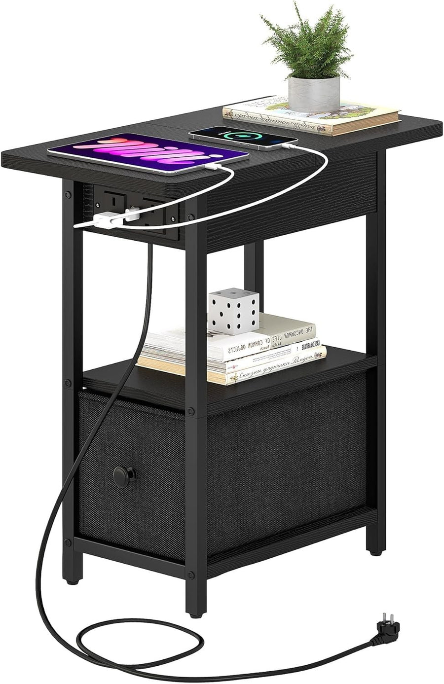 Slim Charging Side Table with USB Ports, Storage Shelf & Drawer for Bedroom