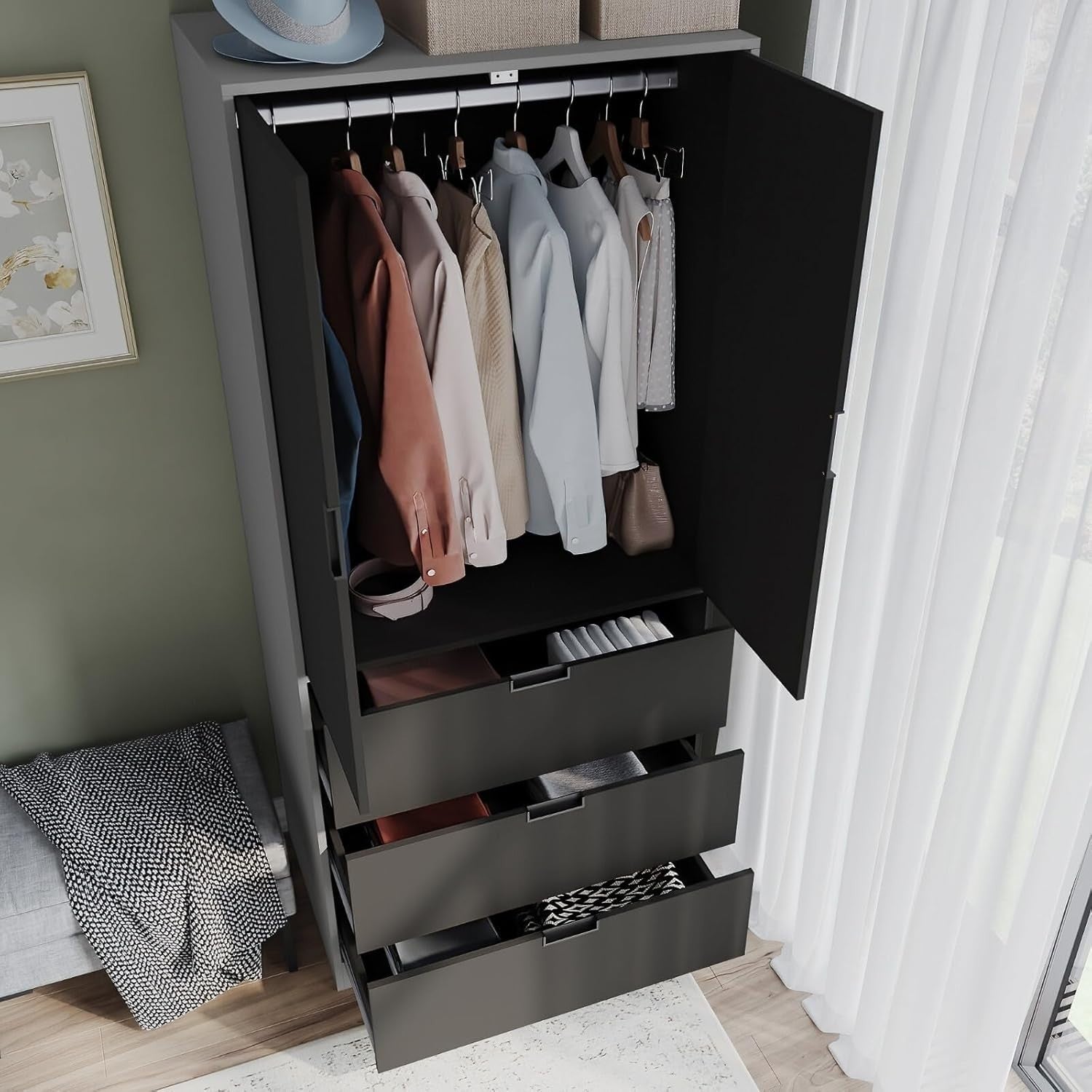 Tall Black 2 Door Wardrobe with Drawers & Rail Modern Bedroom Storage