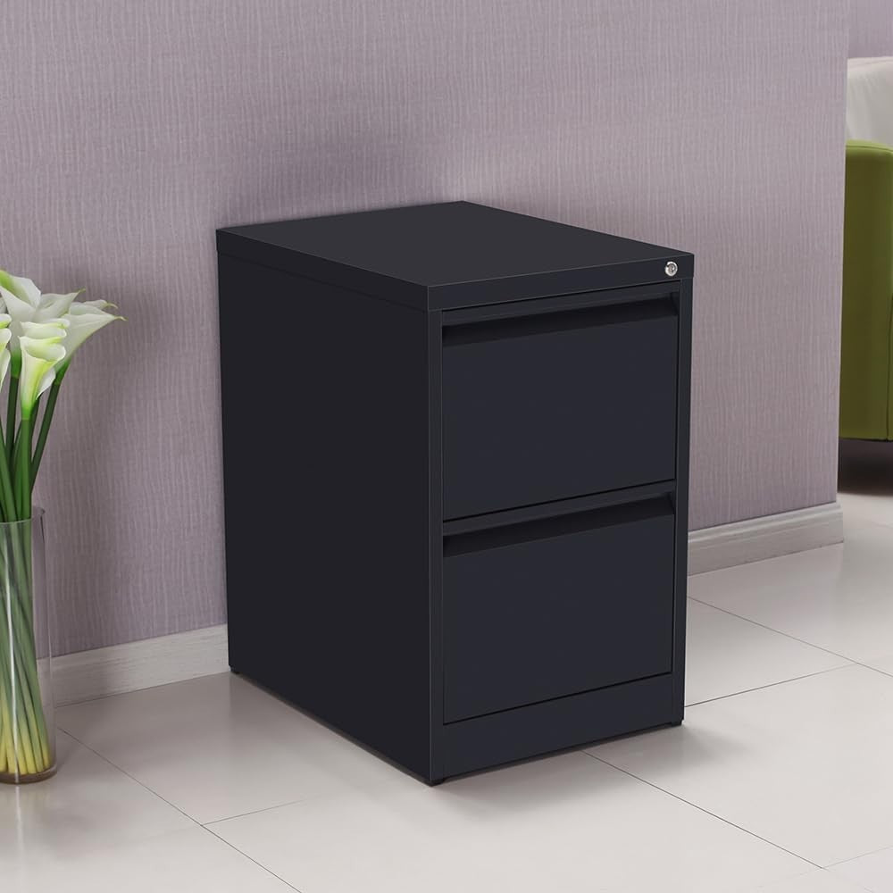 Black Metal Filing Cabinet 2 Drawer Lockable Office Storage Heavy Duty