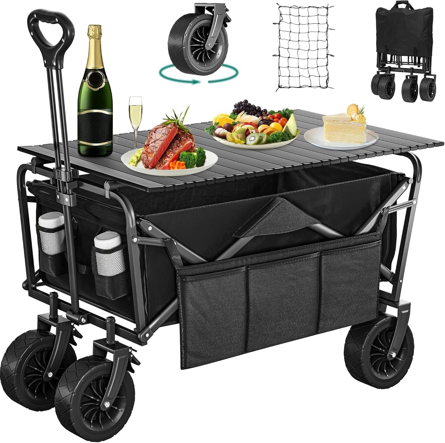 Black Folding Beach Wagon Cart w/ Table Oversized Wheels Adjustable Handle 220lb