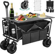 Black Folding Beach Wagon Cart w/ Table Oversized Wheels Adjustable Handle 220lb