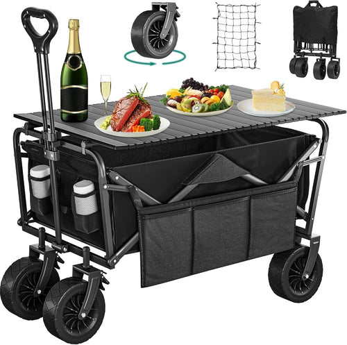 Black Folding Beach Wagon Cart w/ Table Oversized Wheels Adjustable Handle 220lb